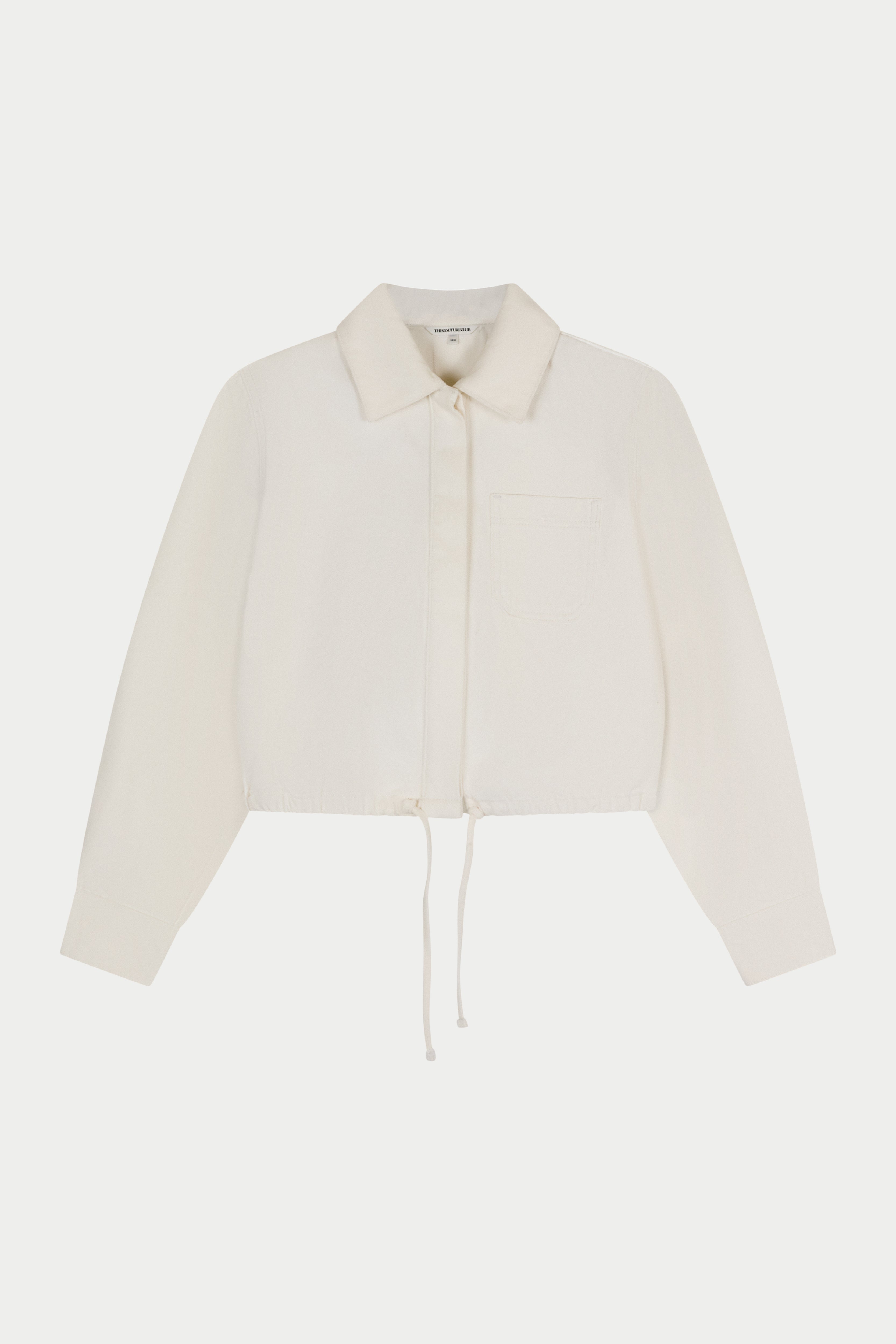 TIE HEM SHOULDER PADDED DENIM JACKET - ECRU
