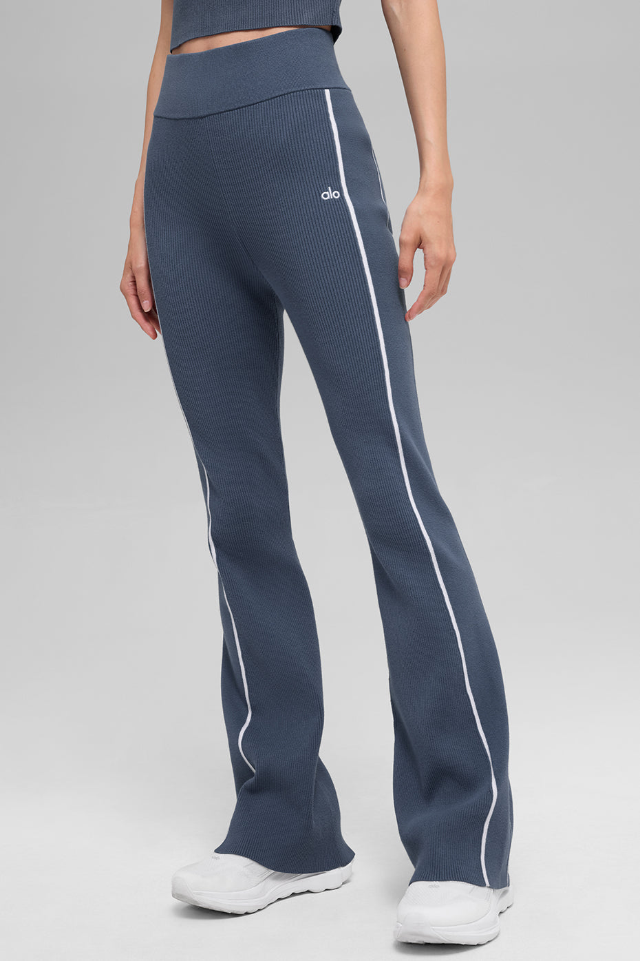 Alo Ribbed Sweater Knit Highline Flare Pant - Bluestone/White